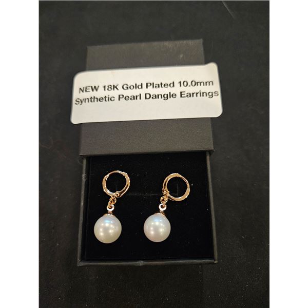 18K gold plated 10mm sythentic pearl dangle earrings