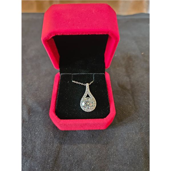 3.00 CT Moissanite silver tear drop halo necklace, Retail $2,245