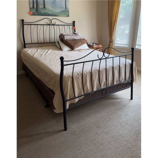 Queen frame with head foot and rails and mattress and boxspring