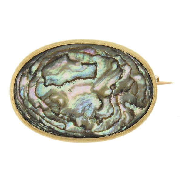 Vintage Mid Century 14k Gold Oval Cut Bezel Iridescent Abalone Shell Pin Brooch