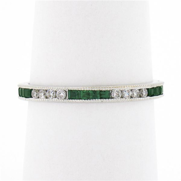 18k White Gold 0.55 ctw Square Emerald & Round Diamond Milgrain Eternity Band Ri
