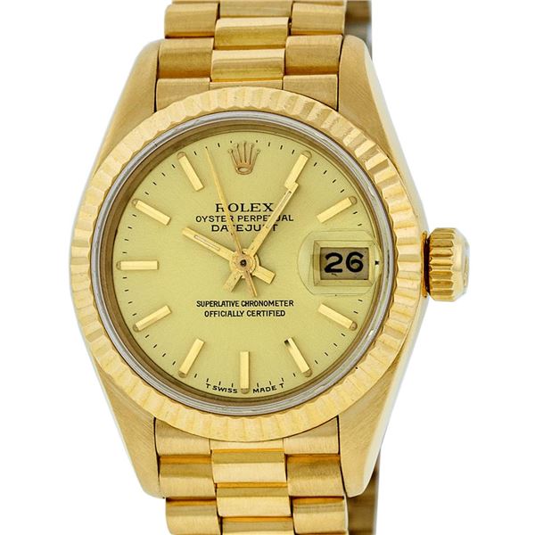 Rolex Ladies Quickset 18K Yellow Gold Champagne Index Datejust President Wristwa