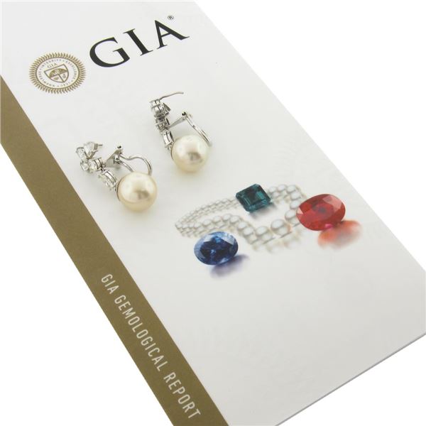 White Gold GIA Large Saltwater Cultured Pearl & Diamond Dangle Drop Earrings