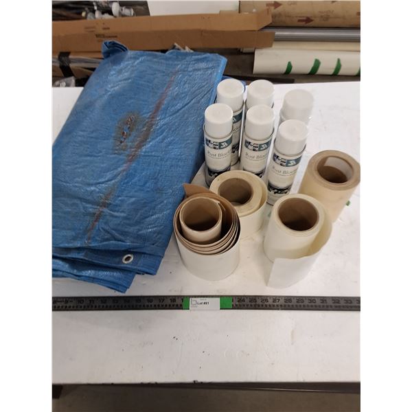 (6) Cans of Rust Blocker, Rolls of Adhesive Vinyl, Tarp