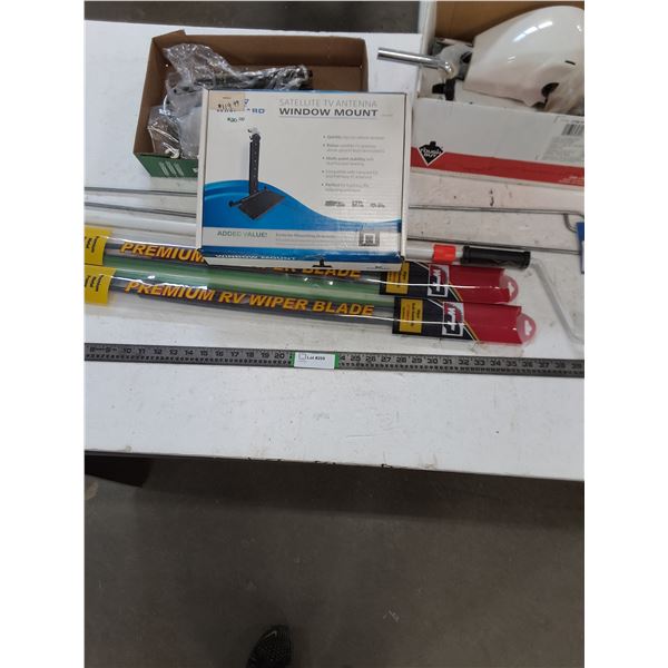 Assorted RV Parts (Wiper Blades, Awning Handles, Satellite Mount, U-Clamps)