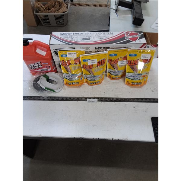 (2) Carpet Shield - Open Boxes, 4 - Elemonate Deodorizer, Fast Orange Soap, Tape, Seals