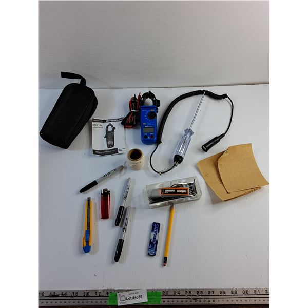 Mastercraft Digital Clamp Meter, Sharpies, Box Cutter, Thread, Sanding Paper and Misc