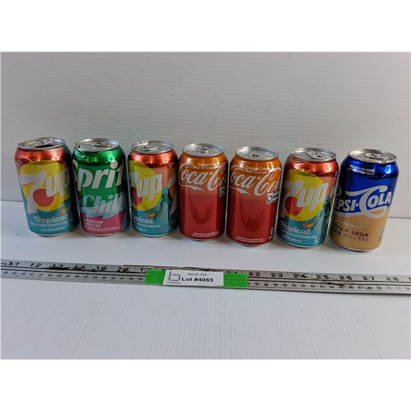 Sprite Cherry Lime, Pepsi Cola Cream Soda, Coca Cola Orange Cream and 7UP Tropical Soda Cans