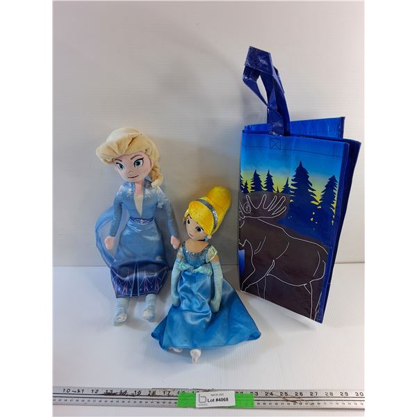 (2) Disney Plush Dolls and Shopping Bag