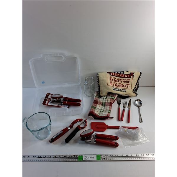 Plastic Case, Pitcher, Can Opener, Cutlery, Potato Peeler and Misc