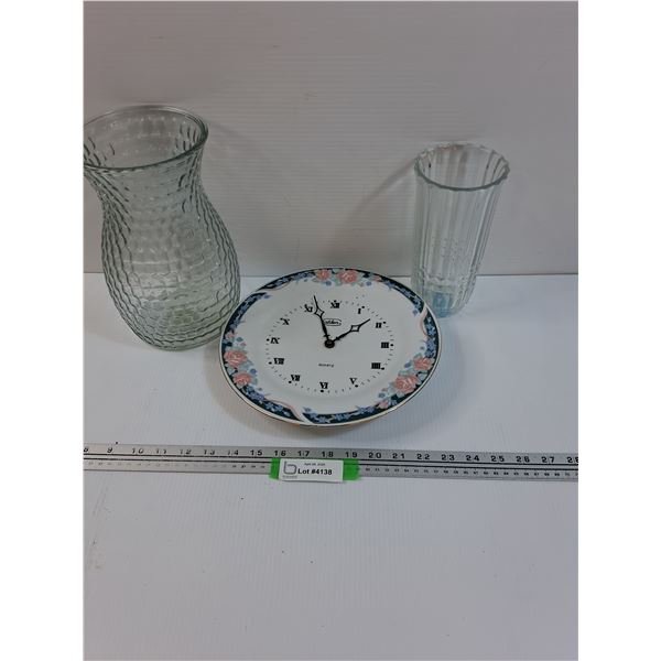 Battery Wall Clock & (2) Glass Vases