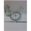 Image 1 : Battery Wall Clock & (2) Glass Vases