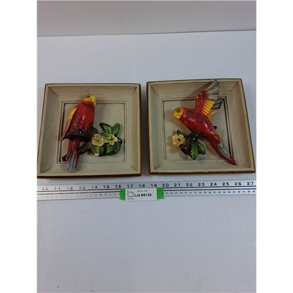 (2) Chalkware Parrot Pictures - 8.5" x 8.5"  - Some Wear