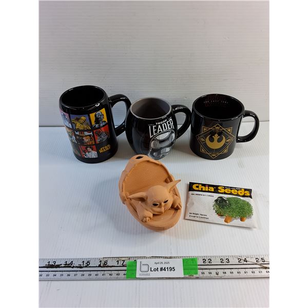 (3)  Star Wars Ceramic Mugs, Ceramic Star Wars Planter and Chia Seeds