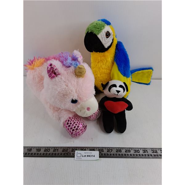 (3) Stuffed Toys (Rainbow Unicorn, Parrot, Panda)
