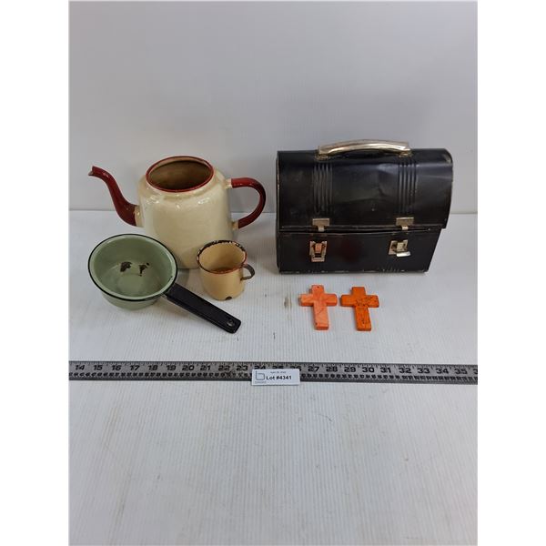 Vintage Lot (Lunchkit, Water Can, Mug, Cook Pot), Pair of Crosses