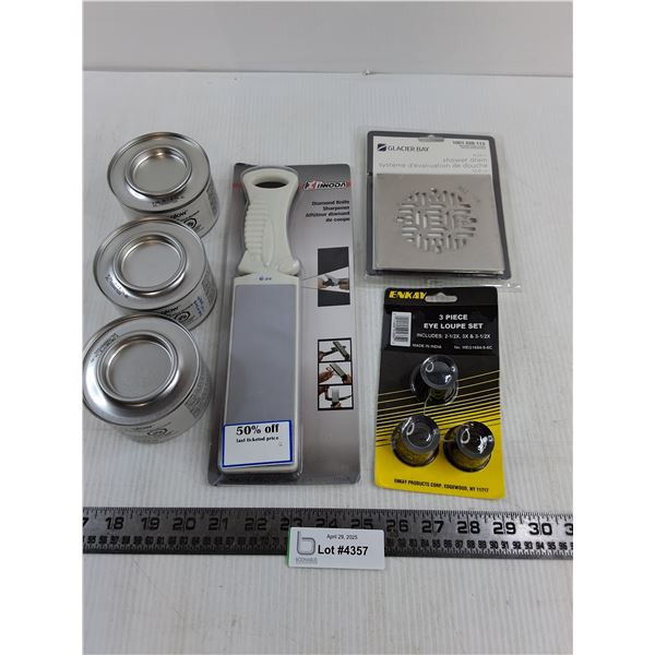 NIB Lot - (3) thermoglow Fuel Gel, knife sharpener, eye loupe, shower drain - Cannot Ship!