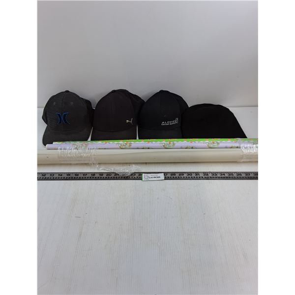 (4) Mostly Partial Rolls of Wrapping Paper, (3) Ball Caps, Toque