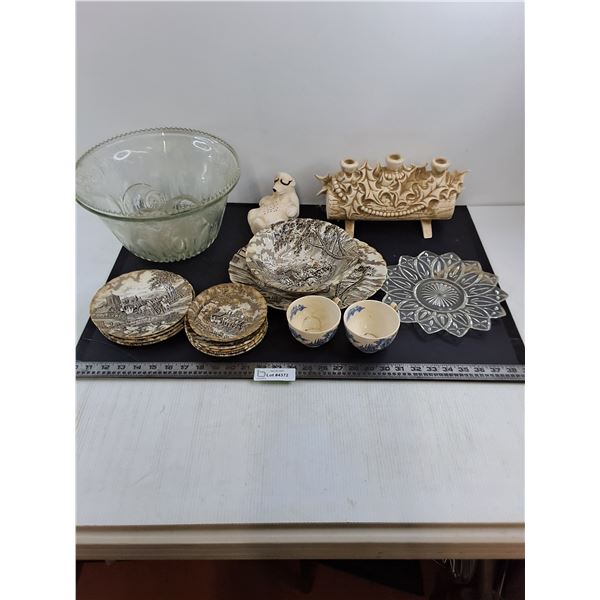 Vintage Dishes (Punch Bowl Set, Staffordshire "Royal Mail" Dishes, 3-Candle Holder, Misc.)