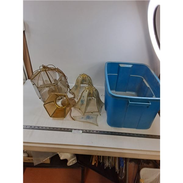 Vintage Glass Light Fixtures - Untested, As is, Rubbermaid Tote - no Lid