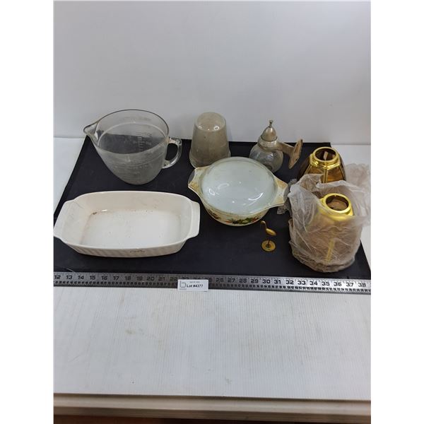 Cooking Dishes, Glass Light Fixtures, Large Glass Measure Bowl, Misc.