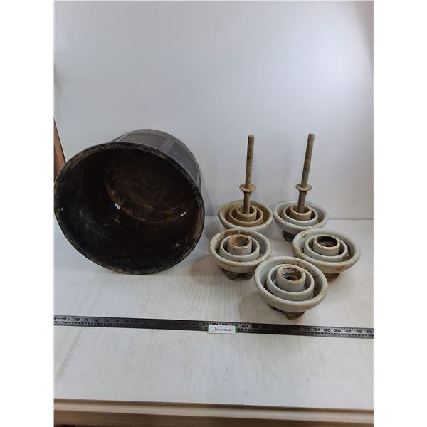 (5) Vintage Ceramic Telephone Insulators, Plastic Plant Pot 16" Dia