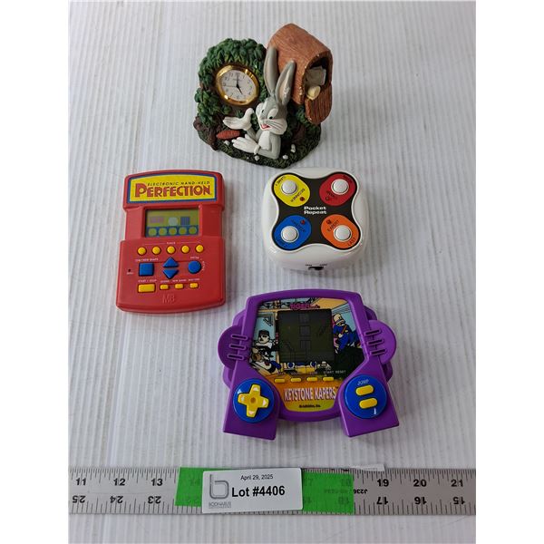 Bugs Bunny Desk Clock, (3) Handheld Games- Perfection, Keystone Kapers, Pocket Repeat, Misc. As Is