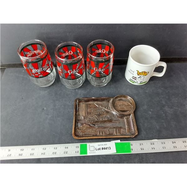 (3) Coca-Cola Glasses, Ceramic Mug, Seattle Tray