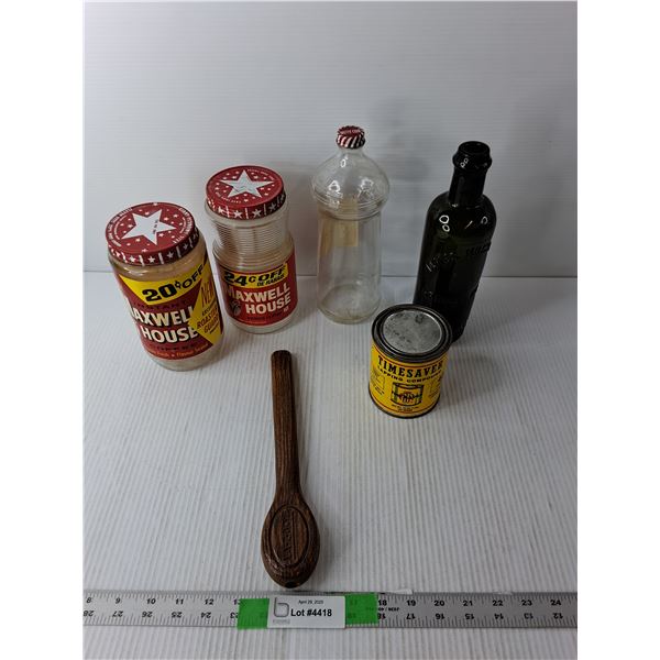 Vintage Lot- Beer Bottle, Maxwell House Containers, La-z-boy Recliner Handle