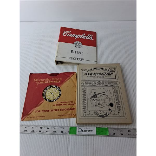 Vintage Lot- Recordio Disc, Campbell's Recipe Book, Jogfree of Canada Book