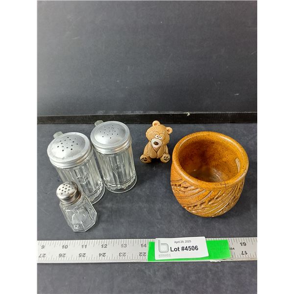 (3) Salt & Pepper Shakers, Ceramic Container-Has Cracks & Bear Figurine