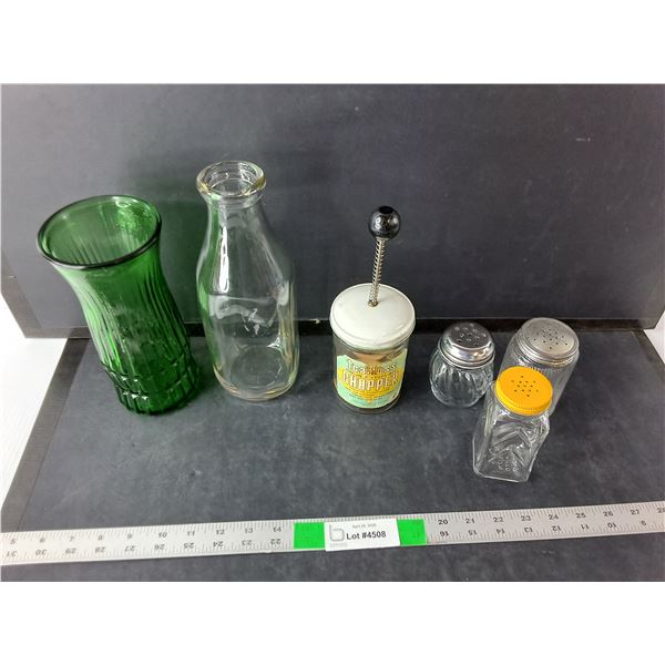 Spice Shakers, Onion Chopper, Milk Bottle 10.25" Tall, Vase