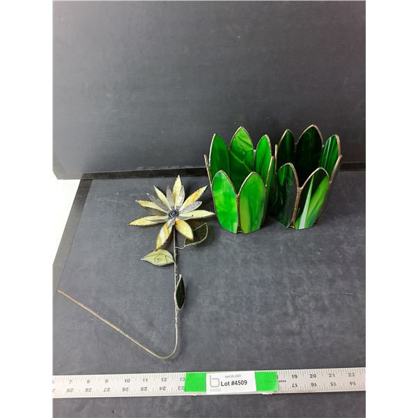 (2) Stained Glass Candle Holders 6.5" Tall & Metal Flower Stake