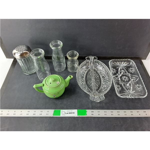 Dish Lot- (2) Trays, Sugar Shaker, Ceramic Japanese Teapot, Misc.