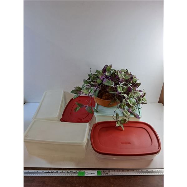Rubbermaid & Tupperware Containers with Lids and Artificial Plant
