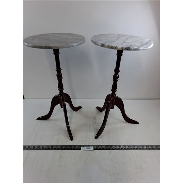Pair of Stone Top Wooden Plant Stands - 21" Tall x 12" Dia