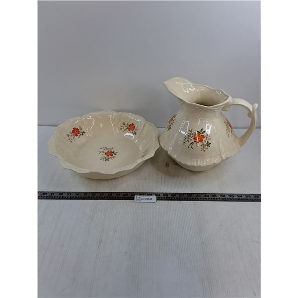 Large Ceramic Basin 16" Dia & Pitcher Set - 11" Tall