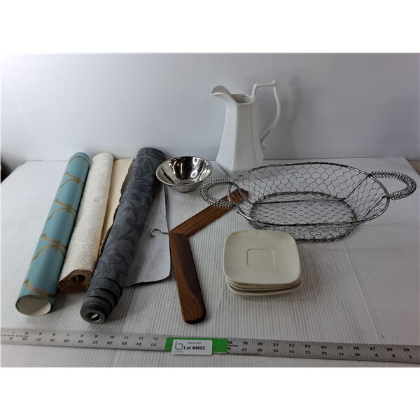 Porcelain Pitcher, (3) Rolls of Wrapping Paper, Metal Basket, Misc.