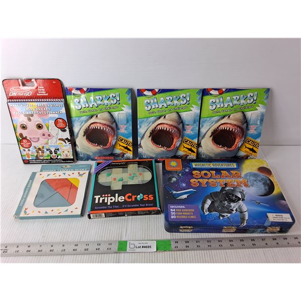 (7) Kids' Activities- Shark Activity Book, Triple Cross, Magnetic Solar System, Misc.