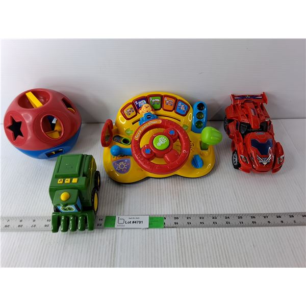 (4) Kids' Toys, Some Sound Effects- John Deere, Dinosaur Car, Vtech, Shape Game