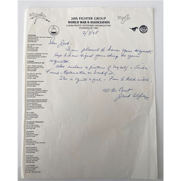 WWII 20th Fighter Group Jack M. Ilfrey signed sheet