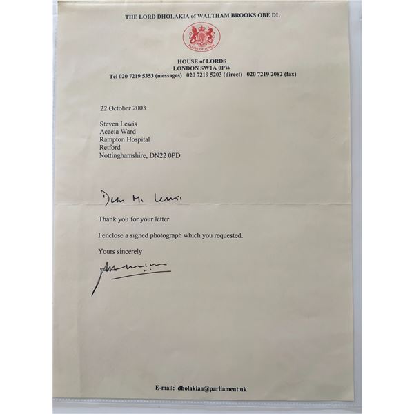 House of Lords Baron Dholakia Signed Letter