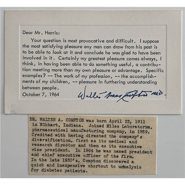 Dr. Walter A. Compton signed note and bio