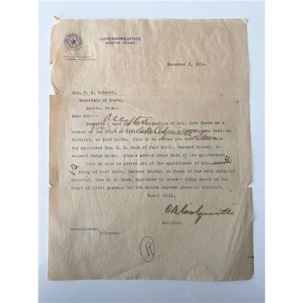 Governor of Texas Oscar Branch Colquitt 1914 signed letter