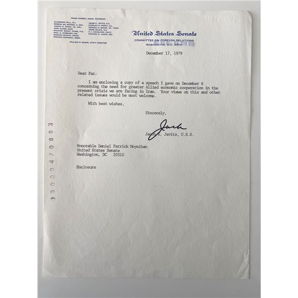 NY Senator Jacob K. Javits signed letter