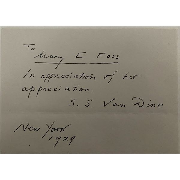 1929 S. Critic S. Van Dine aka Willard Huntington Wright signed note