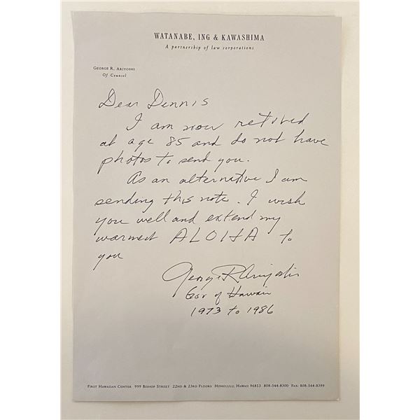 Governor of Hawaii George Ariyoshi signed letter