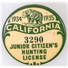 Image 1 : California Junior Citizen's Hunting License 1934-1935 Pinback [196301]
