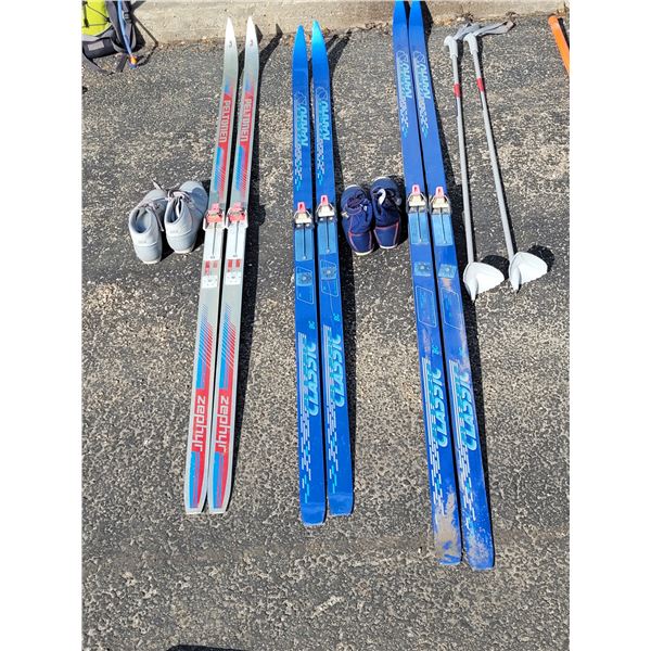 Lot of 3 Cross Country Skiis, 2 shoes, 1 Pair of Poles
