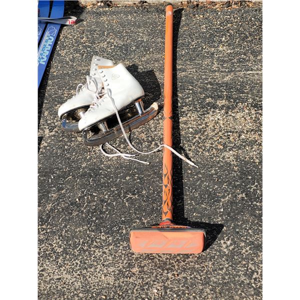 Pair of Vintage Tube Ice Skates, Curling Broom